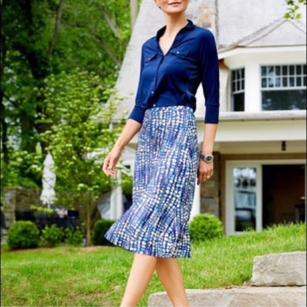 J McLaughlin Louisa May Cobblestone Bias Rayon Satin Midi Skirt Size 6 Blue